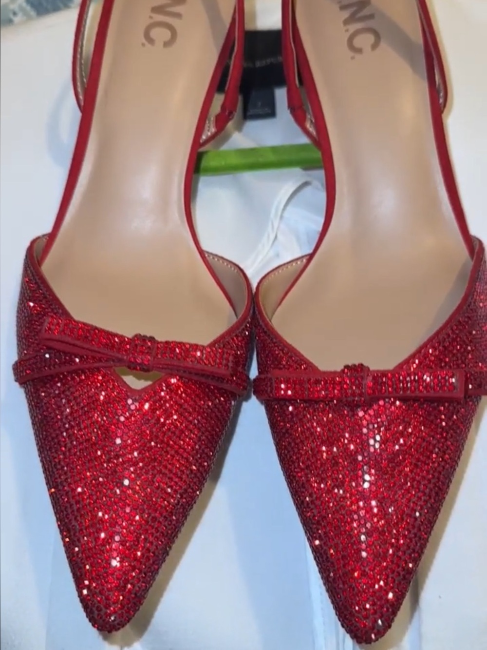 INC International Concepts Red Glitter Pointed Slingback Heels w Bow Detail 7.5
